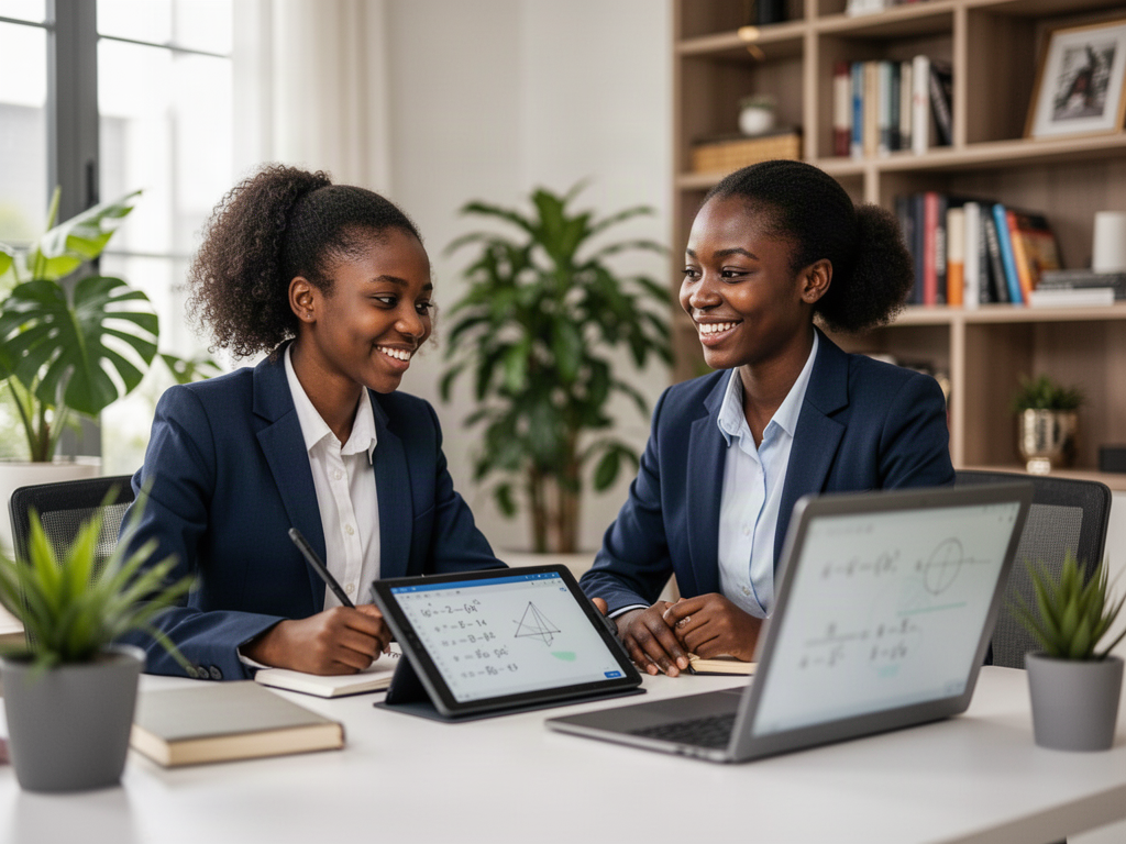 Two students learning with a LEAD teacher on a tablet and laptop