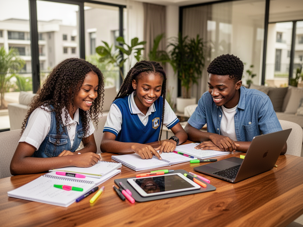 Three students studying together at home with notebooks, a tablet and a laptop